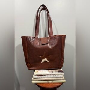 Two Bar West Brown Leather Tote with Star Detail
